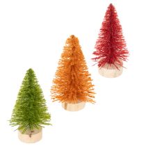 Article Lot de 6 sapins miniatures décoratifs en plastique avec base bois 12cm vert rouge orange