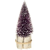 Article Sapin de Noël décoratif violet avec pointe de neige sur socle en bois rustique 15cm 3 pièces.