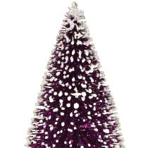 Article Sapin de Noël décoratif violet avec pointe de neige sur socle en bois rustique 15cm 3 pièces.