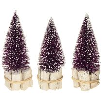 Article Sapin de Noël décoratif violet avec pointe de neige sur socle en bois rustique 15cm 3 pièces.
