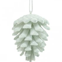 Pommes de pin cônes décoratifs à suspendre blanc, paillettes 7cm 6pcs