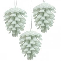 Pommes de pin cônes décoratifs à suspendre blanc, paillettes 7cm 6pcs
