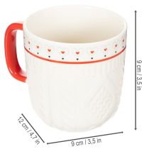 Article Tasses en céramique blanche avec anse rouge, motif tricot et cœurs, set de 2, 9 cm