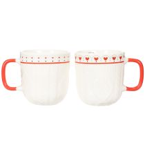 Article Tasses en céramique blanche avec anse rouge, motif tricot et cœurs, set de 2, 9 cm