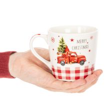 Article Tasse de Noël en céramique avec voiture et sapin motifs rouges et blancs 10 cm set de 2