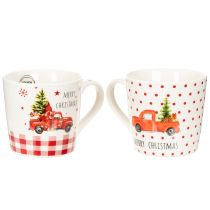 Article Tasse de Noël en céramique avec voiture et sapin motifs rouges et blancs 10 cm set de 2