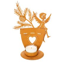 Article Porte-bougie chauffe-plat de Noël, décoration ange, finition rouille, Ø8 cm H18 cm