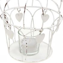 Photophore couronne avec coeurs shabby chic blanc Ø14cm H22cm