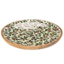 Article Plat décoratif en bois 25cm avec motif de houx pour Noël