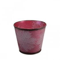 Cache-pot à décor de feuilles, décoration automne, cache-pot en métal rouge vin Ø16.5cm H14.5cm