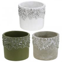 Vase en céramique, cache-pot avec décor chêne, cache-pot vert/blanc/gris Ø13cm H11.5cm lot de 3