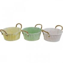 Article Coupe en métal, coupe à fleurs, cache-pot avec anses rose/vert/jaune shabby chic Ø22cm H9.5cm lot de 3