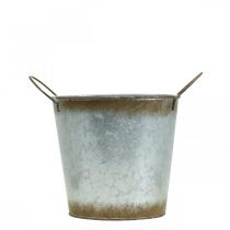 Article Jardinière en métal, coupe à fleurs, cache-pot avec anses argent, patine Ø18cm H20cm