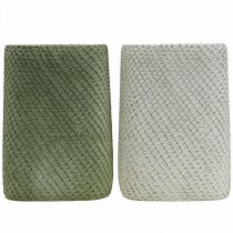 Article Lot de 2 cache-pots en céramique vert et blanc avec relief, 12x12x17,5 cm