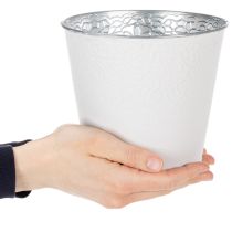 Article Cache-pot en métal blanc avec motif floral, Ø16 cm H14 cm