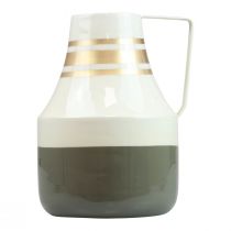 Article Vase vintage en métal avec anse, pichet décoratif, style shabby chic, Ø 17 cm H 23 cm, crème/gris/doré