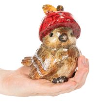 Article Décoration en céramique oiseau avec bonnet pomme rouge 13cm
