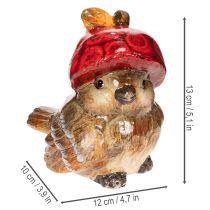 Article Décoration en céramique oiseau avec bonnet pomme rouge 13cm