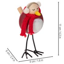 Article Set de 4 figurines oiseaux décoratifs en bois et métal, 11 cm, avec écharpe rouge, décoration d'hiver
