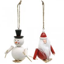 Article Ornements en bois Père Noël et bonhomme de neige sur skis 11 cm - Lot de 2