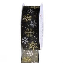 Article Ruban de Noël organza flocons de neige noir doré 40mm 15m