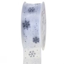Ruban de Noël organza flocons de neige blanc gris 40mm 15m