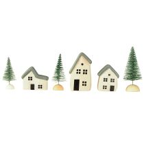 Article Village de Noël maisons en bois sapins verts et blancs 5-8 cm lot de 6