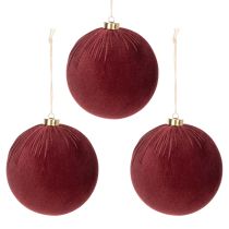 Article Boules de Noël en velours bordeaux 15 cm à suspendre - Lot de 3