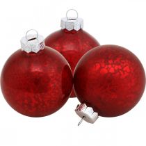 Boule de sapin de Noël, pendentif arbre, boule de Noël marbrée rouge H6.5cm Ø6cm verre véritable 24pcs