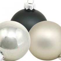 Article Boule de Noël, pendentif sapin de Noël, décoration sapin noir/argent/nacre H6,5cm Ø6cm verre véritable 24 pcs