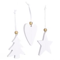 Article Lot de 6 décorations en bois blanc et or – Étoile, sapin et cœur