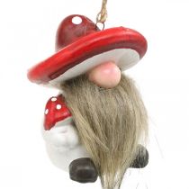 Nain décoratif en céramique à suspendre avec chapeau champignon rouge, blanc H8cm 4pcs