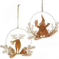 Article Bague décorative pour Noël, renne dans l&#39;anneau, Père Noël avec cadeau, décoration en métal patiné Ø18cm lot de 2