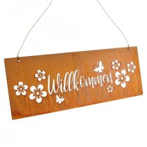 Panneau de bienvenue en métal patiné fleurs 40x15cm
