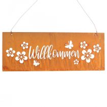 Panneau de bienvenue en métal patiné fleurs 40x15cm