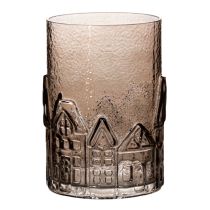 Article Photophore en verre transparent marron motif maisons 23 cm