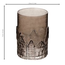 Article Lanterne en verre transparent brun avec motifs maisons 23 cm