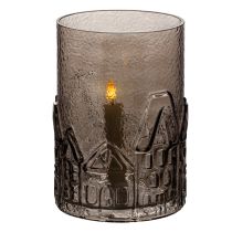 Article Lanterne en verre transparent brun avec motifs maisons 23 cm