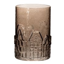 Article Lanterne en verre transparent brun avec motifs maisons 23 cm
