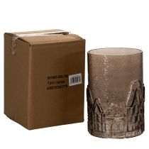 Article Lanterne en verre transparent brun avec motifs maisons 23 cm