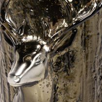 Article Lantern en verre avec tête de cerf et motifs d’arbres, 26 cm, vert-brun