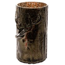 Article Lantern en verre avec tête de cerf et motifs d’arbres, 26 cm, vert-brun