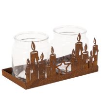 Article Lanterne en métal avec insert en verre, finition métal rouillé, porte-bougie décoratif, 21,5 cm