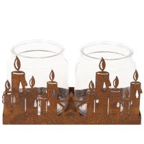 Article Lanterne en métal avec insert en verre, finition métal rouillé, porte-bougie décoratif, 21,5 cm
