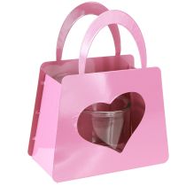 Article Lanterne sac en métal avec insert en verre coeur rose H26cm