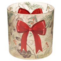 Article Photophore en verre avec ruban rouge et branches d'hiver, 15 cm