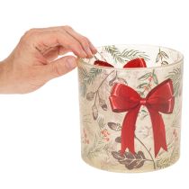 Article Photophore en verre avec ruban rouge et branches d'hiver, 15 cm