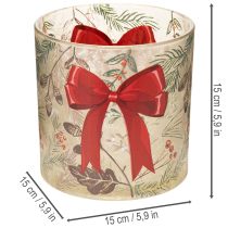 Article Photophore en verre avec ruban rouge et branches d'hiver, 15 cm