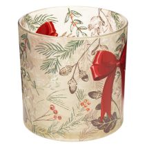 Article Photophore en verre avec ruban rouge et branches d'hiver, 15 cm