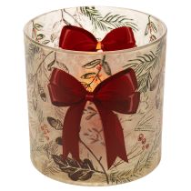 Article Photophore en verre avec ruban rouge et branches d'hiver, 15 cm